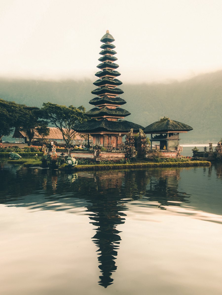 Lakeside temple in Bali reflected in still water