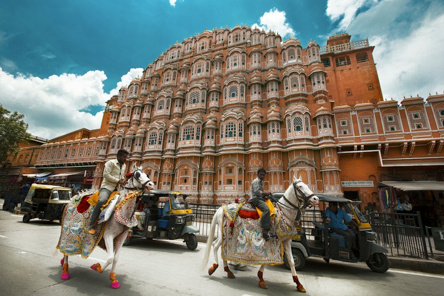 Decorated horses in front of the Hawa Mahal, Jaipur